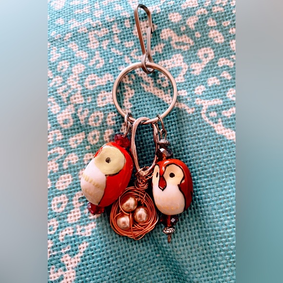 Two ceramic Owls with nest keychain or purse charm - Picture 1 of 2